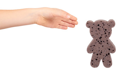 Kids hand with bathroom sponge, soft foam for body care. © Sviatoslav Kovtun