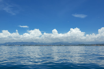 The seascape. View on the island Borneo and the city Kota Kinabalu, Malaysia.