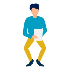 Boy take tablet icon. Flat illustration of boy take tablet vector icon for web design