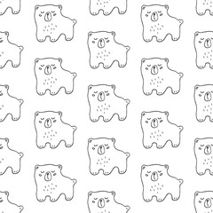Cute cartoon bear pattern with hand drawn bears. Sweet vector black and white bear pattern. Seamless monochrome doodle bear pattern for textile, wallpapers, wrapping paper, cards and web.