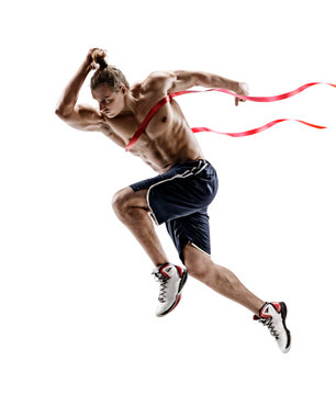 Man running, crossing finish line. Photo of young man isolated on white background. Sport and healthy lifestyle. Dynamic movement. Competition event. Full length