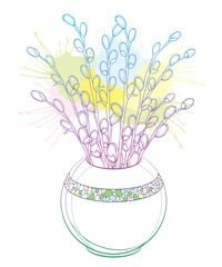 Vector bouquet with outline Willow twigs in round vase in pastel pink and blue isolated on white background. Branch with blooming pussy-Willow in contour style for springtime design.