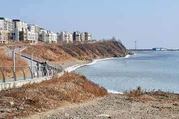 Russia. Patrokl Bay in the winter in Vladivostok. Ussuri (Ussuriysky) Bay of the sea of Japan