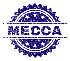 MECCA stamp seal watermark with distress style. Blue vector rubber print of MECCA text with corroded texture.