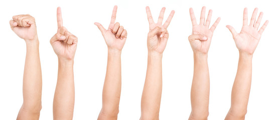 Multiple male hand gestures isolated over the white background, set of multiple images