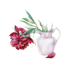 Watercolor of pink peony flower in a vase. Hand drawn floral illustration. Interior artwork with single pion flower.
