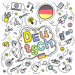 Concept of traveling. German flag with line art icons.