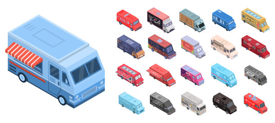 Food truck icons set. Isometric set of food truck vector icons for web design isolated on white background © ylivdesign