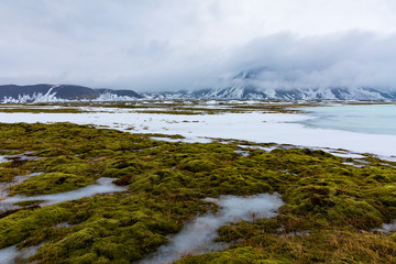 Isländische Winterlandschaft mit Bergen, See und Moos