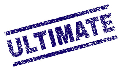 ULTIMATE seal print with scratced style. Blue vector rubber print of ULTIMATE text with scratched texture. Text tag is placed between parallel lines.