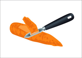 Eplucher une carotte avec un ustensile de cuisine. Sur un fond blanc, une illustration d’un épluche légumes en action sur une carotte. - obrazy, fototapety, plakaty