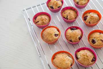 homemade cupcakes with cherry, muffins on a wire rack on a white table.
