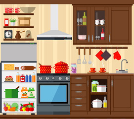Cozy home kitchen with cabinets, stove, refrigerator and utensils. Vector illustration in flat style.