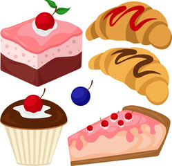 Set of cakes, cheesecakes and croissants. Vector illustration on the theme of confectionery.