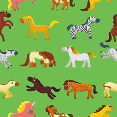 Cartoon horse vector cute animal of horse-breeding or kids equestrian and horsey or equine stallion illustration childly animalistic horsy set of pony zebra character background pattern