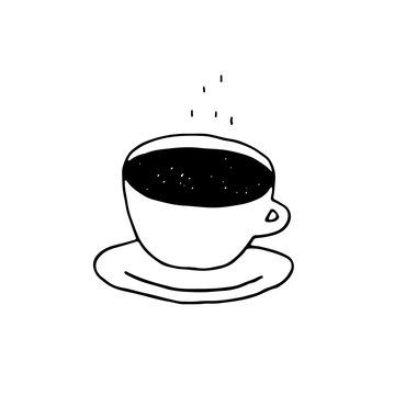 Cute cartoon hand drawn coffee cup icon. Sweet vector black and white coffee cup icon. Isolated monochrome doodle coffee cup icon on white background.