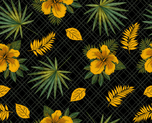 Seamless tropical pattern with yellow hibiscus rosa Exotic flower wallpaper digital paper raster illustration geometric background