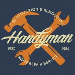 Handyman label, badge, emblem, design element. Tools silhouettes. Carpentry related vector vintage illustration.