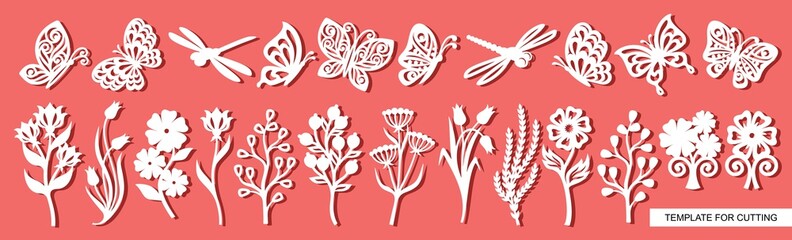 Set of twigs, flowers, butterflies and dragonflies. Plant theme. White objects on a pink background. Template for laser cutting, wood carving, paper cut and printing. Vector illustration.