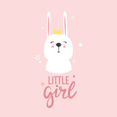 Hand drawn illustration, happy bunny and english text. Colorful background vector. Poster design with animal, lettering. Cute card. Little girl. Decorative backdrop, good for printing