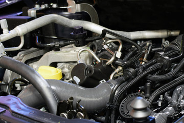 Modern car engine. Close up detail image with copy space.