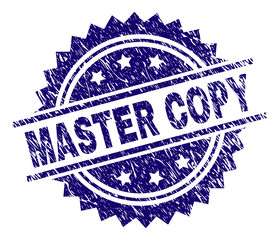 MASTER COPY stamp seal watermark with distress style. Blue vector rubber print of MASTER COPY label with dust texture.