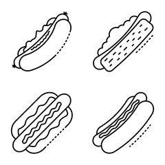 Hot dog icons set. Outline set of hot dog vector icons for web design isolated on white background