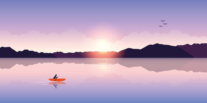 lonely canoeing adventure with orange boat at sunrise on the lake vector illustration EPS10