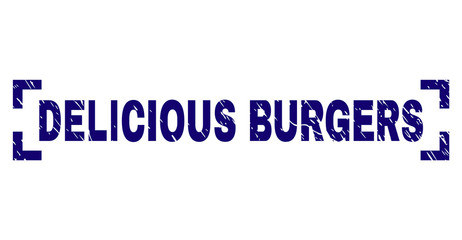 DELICIOUS BURGERS text seal print with corroded effect. Text tag is placed between corners. Blue vector rubber print of DELICIOUS BURGERS with retro texture.