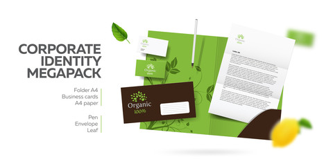Corporate branding identity natural organic eco design. Stationery mockup vector megapack set. Template for vegan, flower shop or restaurant. Folder and A4 letter, visiting card and envelope.