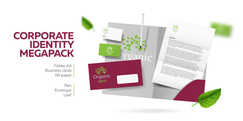 Corporate branding identity natural organic eco design. Stationery mockup vector megapack set. Template for vegan, flower shop or restaurant. Folder and A4 letter, visiting card and envelope.
