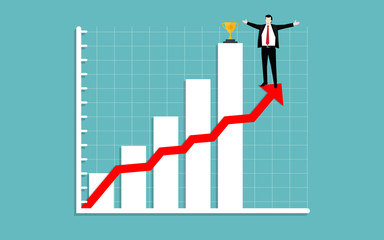 Business man raise arm standing on growth chart and gold trophy