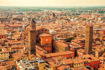 Aerial cityscape view to Bologna cathedral and historical center of the city with Altabella Tower, Bologna, Italy. © Vladimir Sazonov