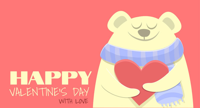 Happy Valentine's day. Cute bear with heart on sweet pink background. Lettering with love