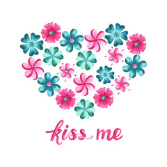 Heart shaped watercolor composition in pink and turquoise colors with flowers and lettering Kiss me. Isolated on a white background. For spring greeting card or romantic Valentine's Day design.