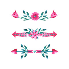 Watercolor compositions in pink and turquoise colors with flowers and romantic arrows. Floral borders with watercolor texture. Isolated on a white background. For spring or romantic design.