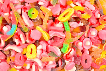 Assorted gummy candies. Top view. Jelly  sweets.