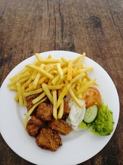 Fish and chips at restaurant, top view