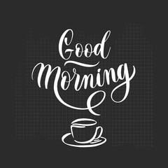 Hand sketched home Good morning - typography lettering poster. Modern calligraphy. Isolated on black checkered background. Vector illustration.