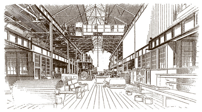 Interior view of historical machine shop or factory building, after engraving from 19th century