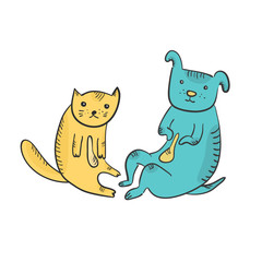 Cute funny cartoon sitting friends yellow cat and blue dog. Colorful childish sketchy hand drawn thoughtful and tired pets for kids print, animals shelter, pet shop, logo