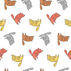 Kids seamless pattern with cute sitting colorful cats. Thoughtful doodle orange, red, gray kittens with light belly and hatching shadow texture for textile, wrapping paper, wallpaper, background