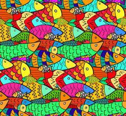 Obraz premium Childish seamless pattern with mess of cute colorful cartoon decorated fishes. Stylized doodle bright aquarium or river fish texture for kids textile, swimwear, wrapping paper, background, surface