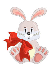 Vector illustration of Bunny with a red bow on a neck, on a white background.