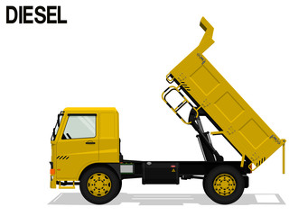 Isolated Diesel dump truck is lifting tray on transparent background