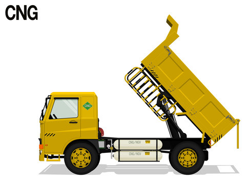 Isolated CNG Dump Truck Is Lifting Tray On Transparent Background