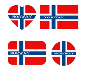 Norway flag in different shapes, Scandinavian country. Norwegian banner with scratched texture, grunge. Illustration with noise, marble textured background. Horizontal orientation. Isolated.