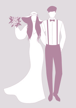Silhouettes of newlyweds couple wearing wedding clothes. Wide-brimmed hat for her and beret, suspenders and bow tie for him.