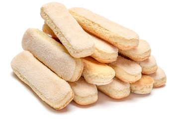 Traditional Italian Savoiardi ladyfingers Biscuits on White Background