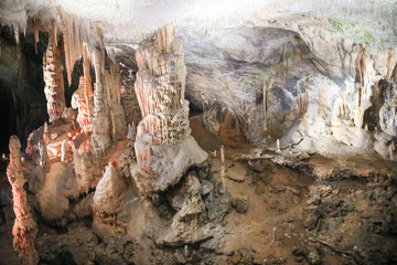Stalactites and stalagmites in the caves of Postojna, Slovenia